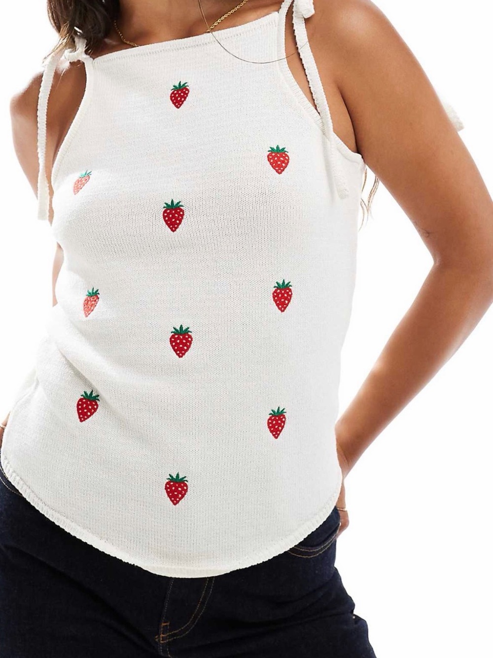 ASOS White Tie-Strap Tank Top with Red Strawberry Embroidery - Picture 4 of 6